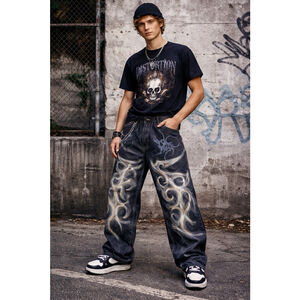 Y2K Hand Painted Tribal Gothic Jeans 42 Relaxed Fit Skateboard Grunge Alt W 36